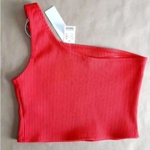 TOPSHOP | One Shoulder Crop Top Textured Ribbed Bright Red Sz 6 - Picture 4 of 6